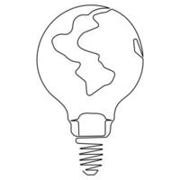 Continuous single line art drawing earth globe inside lightbulb in outline vector concept of eco innovation world earth day