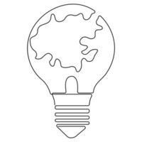 Continuous single line art drawing earth globe inside lightbulb in outline vector concept of eco innovation world earth day