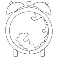 Continuous one line art drawing world earth day clock and lightbulb vector and earth hour icon outline illustration.