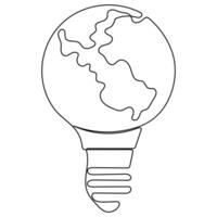 Continuous single line art drawing earth globe inside lightbulb in outline vector concept of eco innovation world earth day