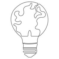 Continuous single line art drawing earth globe inside lightbulb in outline vector concept of eco innovation world earth day