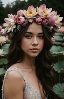 AI generated beautiful young woman with flowers in hair looking at camera isolated on grey. ai generative photo