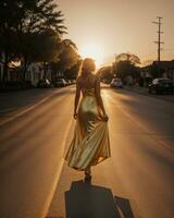 AI generated Beautiful young woman in a long yellow dress walking on the street at sunset. ai generative photo