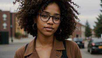 AI generated Portrait of a beautiful young african american woman in eyeglasses outdoors. ai generative photo