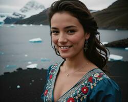 AI generated Portrait of a young woman smiling at camera in front of icebergs. ai generative photo