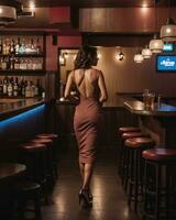 AI generated Beautiful young woman in evening dress posing in a bar. Luxury lifestyle. ai generative photo