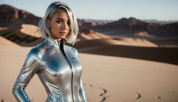 AI generated blonde woman in silver latex costume posing in the desert. ai generative photo