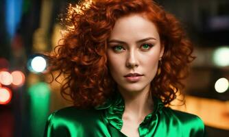 ai generado hermosa joven mujer con rojo Rizado pelo en un verde vestir en el ciudad a noche. ai generativo foto