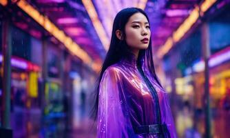 AI generated beautiful asian woman in purple raincoat walking in the city. ai generative photo