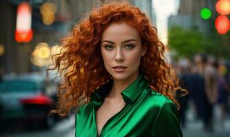 ai generado hermosa joven mujer con rojo Rizado pelo en un verde vestir en el ciudad a noche. ai generativo foto