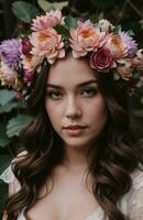 ai generado hermosa joven mujer con flores en pelo mirando a cámara aislado en gris. ai generativo foto