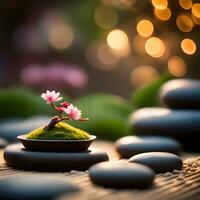 AI generated zen garden with bonsai tree and stones on wooden table with bokeh lights photo