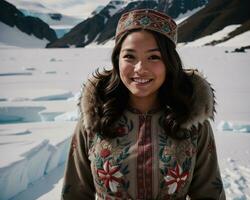 AI generated Portrait of a young woman smiling at camera in front of icebergs. ai generative photo