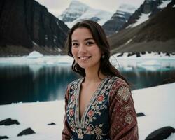 AI generated Portrait of a young woman smiling at camera in front of icebergs. ai generative photo