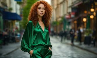 AI generated Beautiful young woman with red curly hair in a green dress in the city at night. ai generative photo