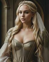 AI generated beautiful women in medieval dresses posing in front of a castle. ai generative photo
