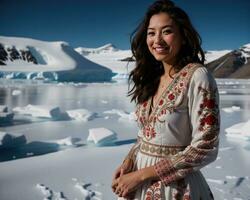 AI generated Portrait of a young woman smiling at camera in front of icebergs. ai generative photo