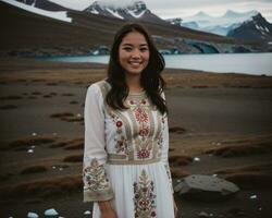 AI generated Portrait of a young woman smiling at camera in front of icebergs. ai generative photo