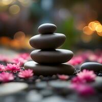 AI generated zen stones stacked on top of each other with pink flowers photo