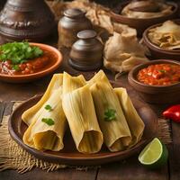 AI generated mexican tamales tamales with sauce and vegetables on wooden table photo