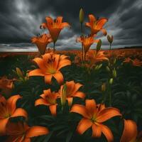 AI generated orange lilies in a field under a dark sky photo