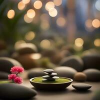 ai generado zen jardín con piedras y rosado flor foto