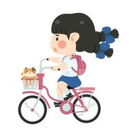 contento pequeño niña montando un bicicleta vector