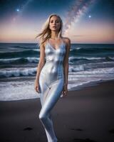 AI generated Beautiful blonde woman in white dress on the beach at night. ai generative photo