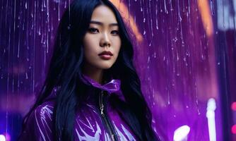AI generated beautiful asian woman in purple raincoat walking in the city. ai generative photo
