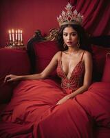 AI generated fashion interior photo of beautiful sensual woman with dark hair in luxurious dress and crown posing in bed. ai generative. ai generative
