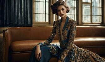 AI generated a beautiful brunette woman in a luxury dress. ai generative photo