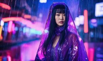 AI generated beautiful asian woman in purple raincoat walking in the city. ai generative photo