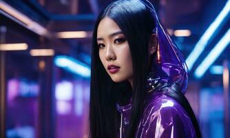 AI generated beautiful asian woman in purple raincoat walking in the city. ai generative photo