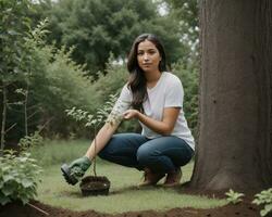 AI generated Beautiful woman planting a tree in the garden. Gardening concept. ai generative photo