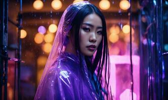 AI generated beautiful asian woman in purple raincoat walking in the city. ai generative photo