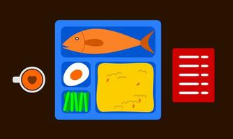 breakfast menu with yellow rice as a side dish of fried fish, eggs, a few pieces of vegetables and coffee vector