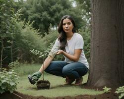 AI generated Beautiful woman planting a tree in the garden. Gardening concept. ai generative photo