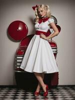 AI generated Beautiful young woman in pinup style dress and red high heels. ai generative photo