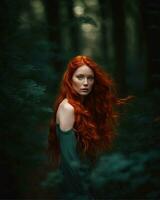 AI generated Beautiful redhead girl with long curly hair in a dark forest. ai generative photo