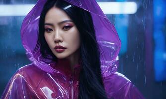 AI generated beautiful asian woman in purple raincoat walking in the city. ai generative photo