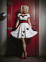 AI generated Beautiful young woman in pinup style dress and red high heels. ai generative photo