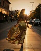 AI generated Beautiful young woman in a long yellow dress walking on the street at sunset. ai generative photo