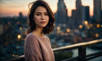 AI generated Portrait of a beautiful young woman in the city at sunset. ai generative photo