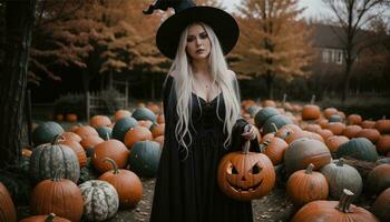 AI generated Beautiful young woman in black dress and hat on the background of Halloween pumpkins. ai generative photo