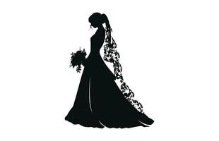 un novia con ramo de flores negro silueta vector Arte