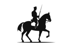 silueta de un caballería soldado en lado de caballo negro vector