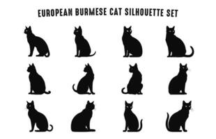 European Burmese Cat Silhouettes Vector art Set, Black Cats Silhouette icon collection