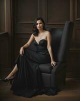 AI generated Beautiful young woman in a black dress sitting on a chair. ai generative photo