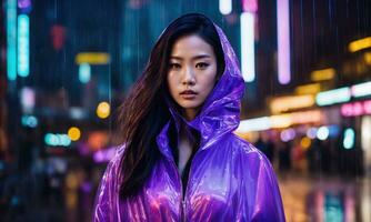 AI generated beautiful asian woman in purple raincoat walking in the city. ai generative photo