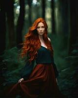 AI generated Beautiful redhead girl with long curly hair in a dark forest. ai generative photo